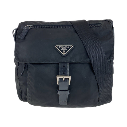 PRADA Shoulder Bag Nylon, Leather Black SilverMetal Crossbody Shoulder Bag Pochette Test Triangle With logo mens Used Authentic