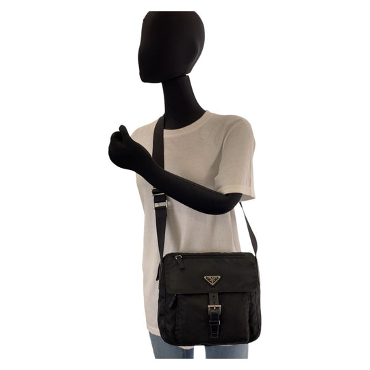 PRADA Shoulder Bag Nylon, Leather Black SilverMetal Crossbody Shoulder Bag Pochette Test Triangle With logo mens Used Authentic