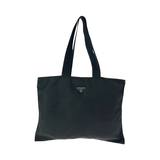 PRADA Tote Bag Nylon Black SilverMetal Tote Bag Shoulder Bag Test Triangle With logo Women Used Authentic