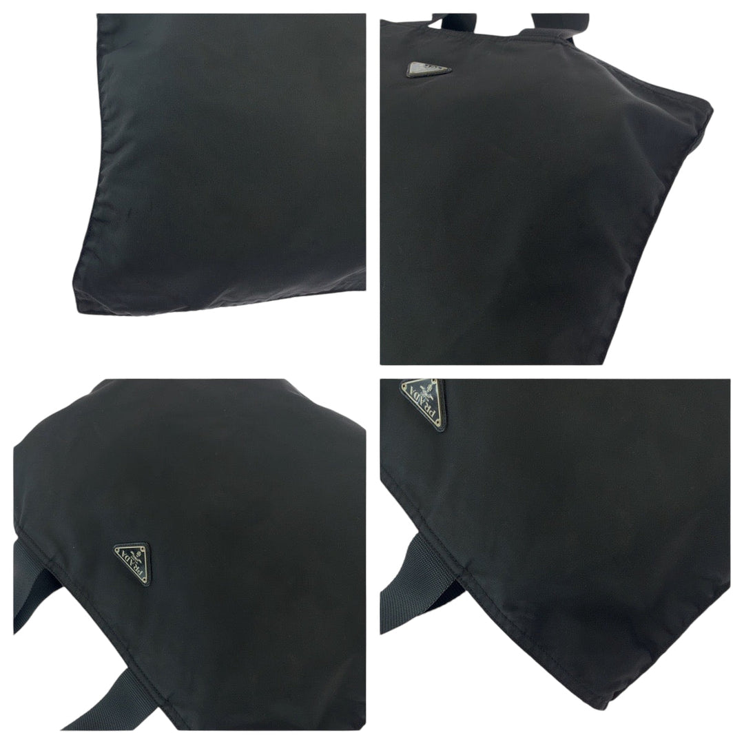 PRADA Tote Bag Nylon Black SilverMetal Tote Bag Shoulder Bag Test Triangle With logo Women Used Authentic
