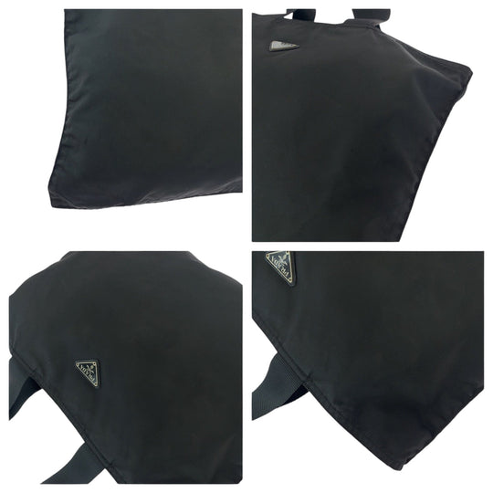 PRADA Tote Bag Nylon Black SilverMetal Tote Bag Shoulder Bag Test Triangle With logo Women Used Authentic