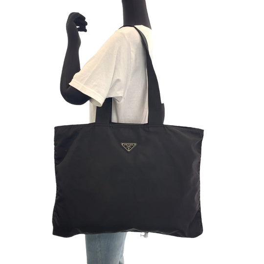 PRADA Tote Bag Nylon Black SilverMetal Tote Bag Shoulder Bag Test Triangle With logo Women Used Authentic