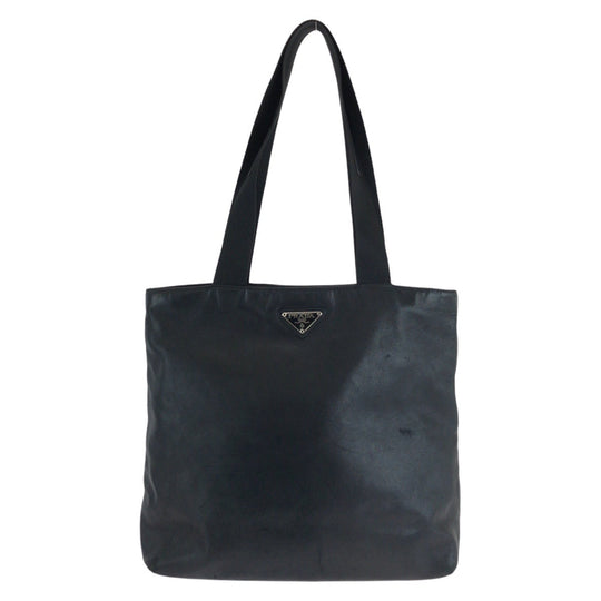 PRADA Tote Bag leather Black SilverMetal Tote Bag Shoulder Bag Unisex Triangle With logo Women Used Authentic