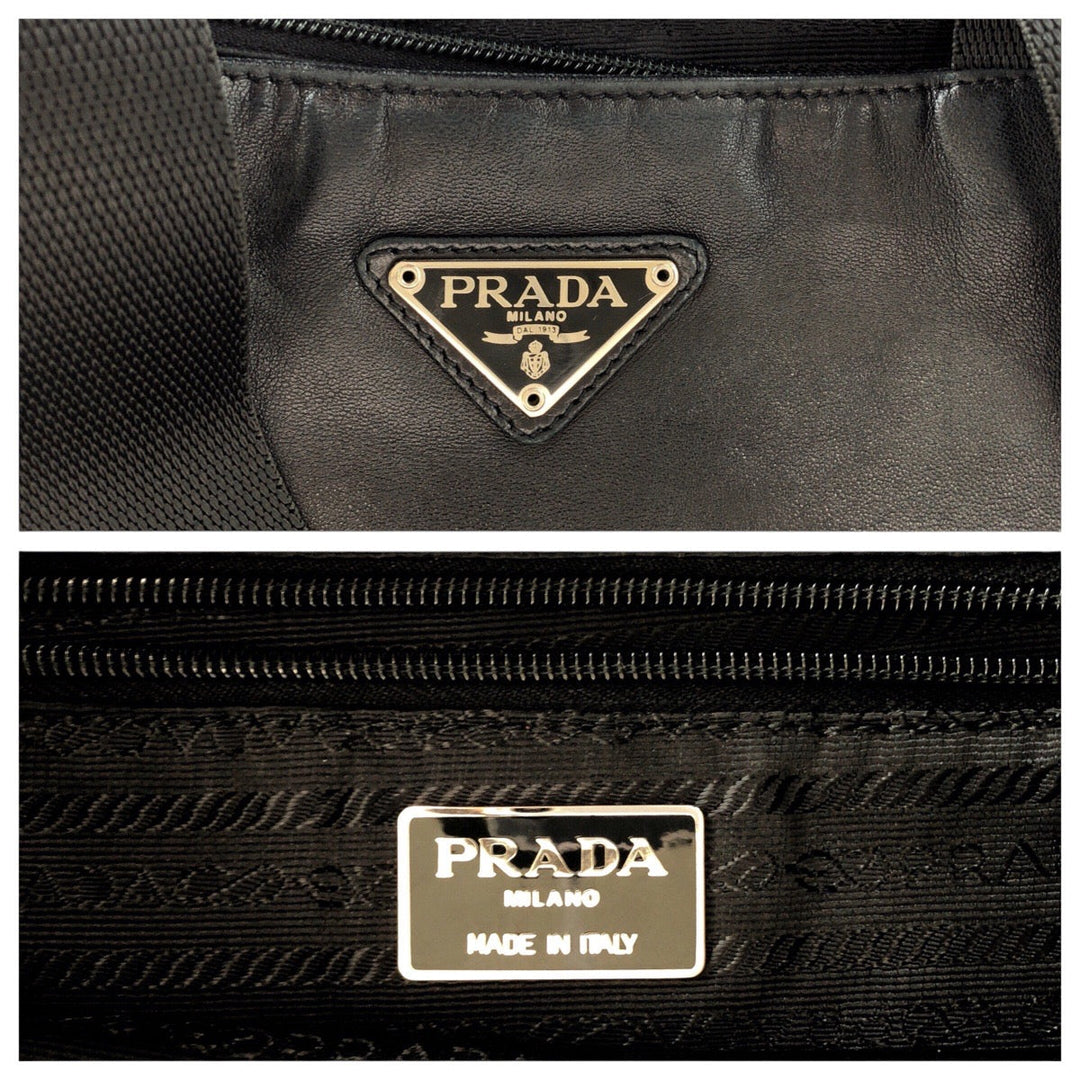 PRADA Tote Bag leather Black SilverMetal Tote Bag Shoulder Bag Unisex Triangle With logo Women Used Authentic