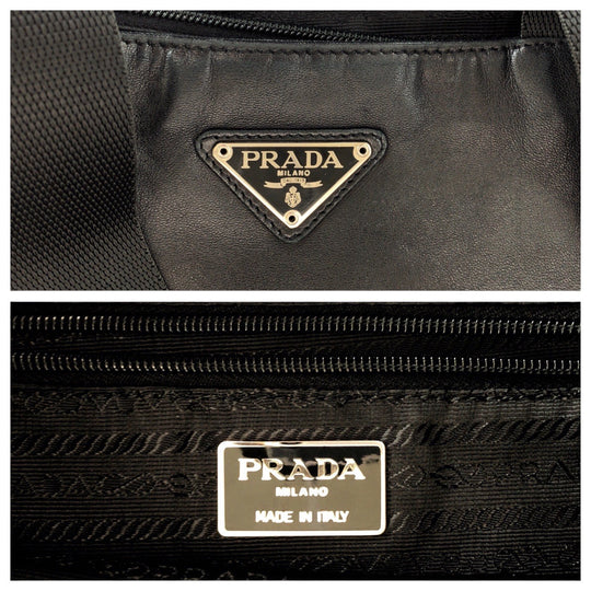 PRADA Tote Bag leather Black SilverMetal Tote Bag Shoulder Bag Unisex Triangle With logo Women Used Authentic