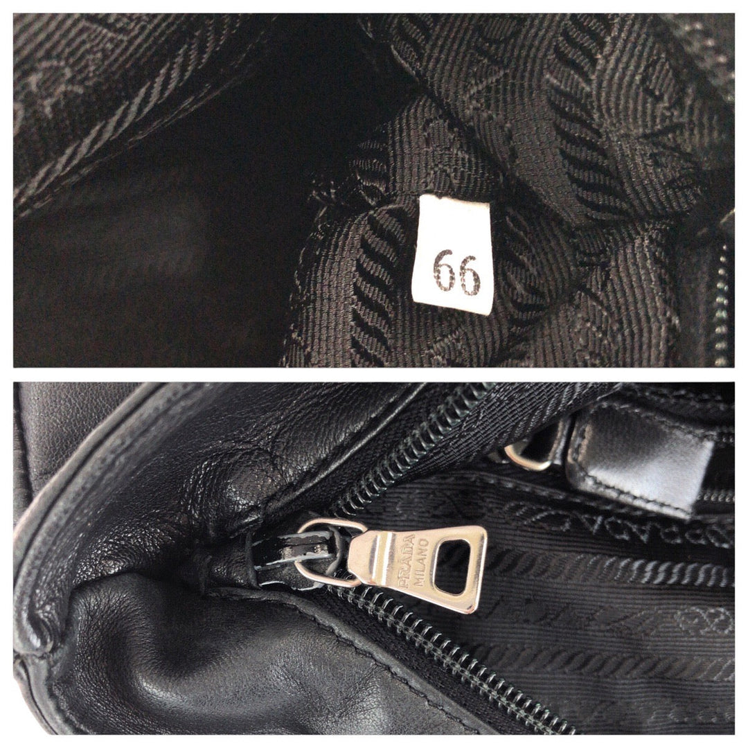PRADA Tote Bag leather Black SilverMetal Tote Bag Shoulder Bag Unisex Triangle With logo Women Used Authentic
