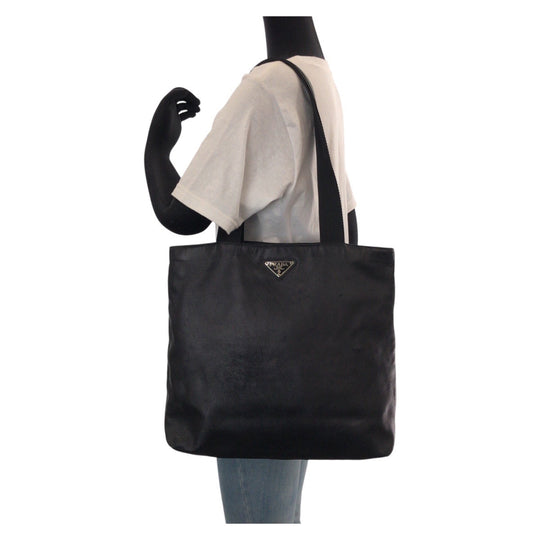 PRADA Tote Bag leather Black SilverMetal Tote Bag Shoulder Bag Unisex Triangle With logo Women Used Authentic
