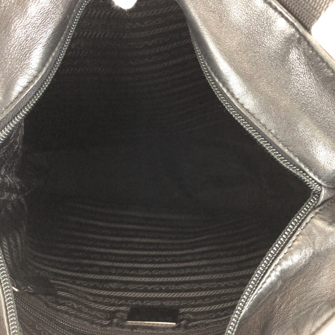 PRADA Tote Bag leather Black SilverMetal Tote Bag Shoulder Bag Unisex Triangle With logo Women Used Authentic