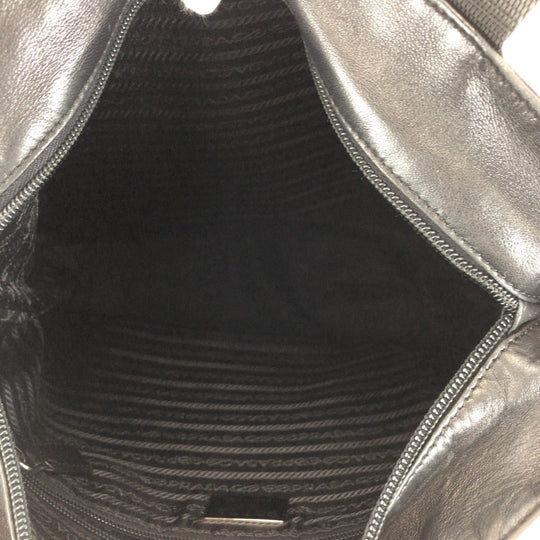 PRADA Tote Bag leather Black SilverMetal Tote Bag Shoulder Bag Unisex Triangle With logo Women Used Authentic