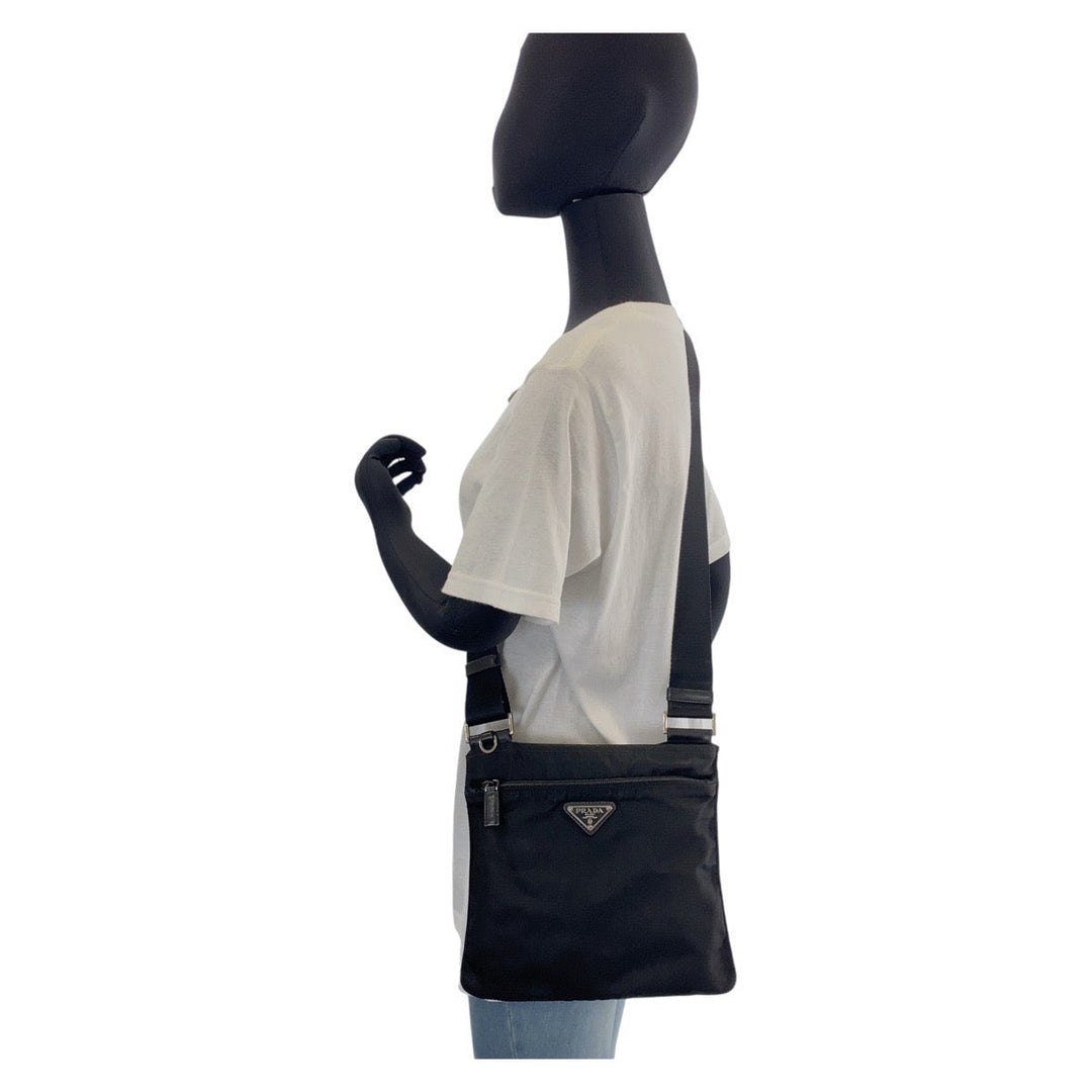 PRADA Shoulder Bag Nylon Black SilverMetal Crossbody Shoulder Bag Pochette Test Triangle With logo Women Used Authentic