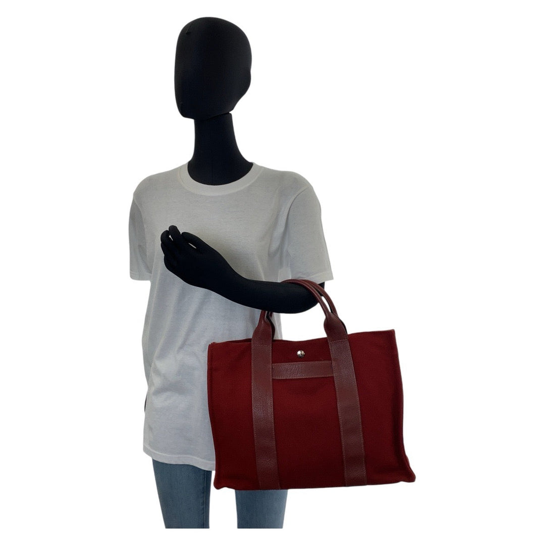 HERMES Tote Bag Canvas, Leather Wine Red Bordeaux SilverMetal Tote Bag Handbag A4 compatible Sac Arne MM Women Used Authentic