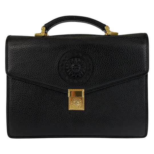 VERSACE Business bag leather Black GoldMetal Business bag handbag Sunburst Medusa mens Used Authentic