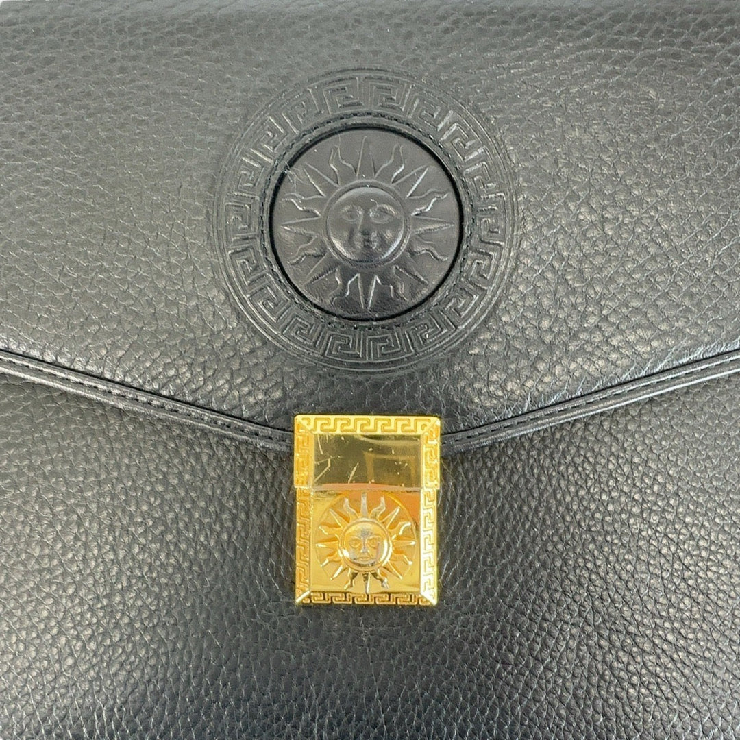 VERSACE Business bag leather Black GoldMetal Business bag handbag Sunburst Medusa mens Used Authentic
