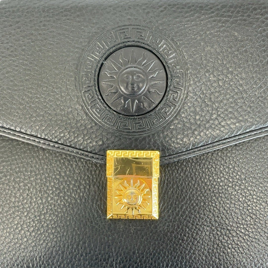 VERSACE Business bag leather Black GoldMetal Business bag handbag Sunburst Medusa mens Used Authentic