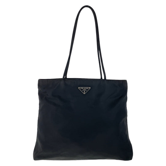 PRADA Tote Bag Nylon Black SilverMetal Tote Bag Shoulder Bag Test Triangle With logo Women Used Authentic