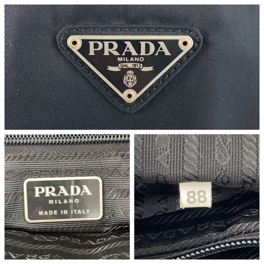 PRADA Tote Bag Nylon Black SilverMetal Tote Bag Shoulder Bag Test Triangle With logo Women Used Authentic