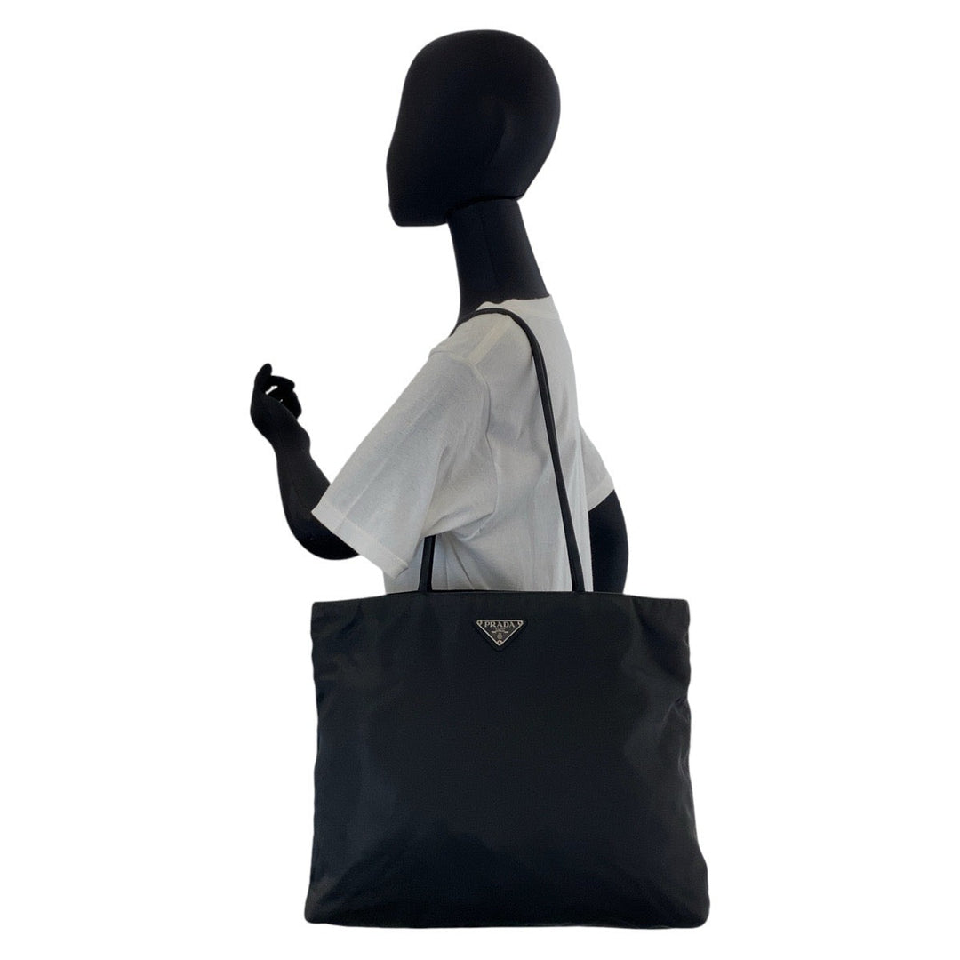 PRADA Tote Bag Nylon Black SilverMetal Tote Bag Shoulder Bag Test Triangle With logo Women Used Authentic