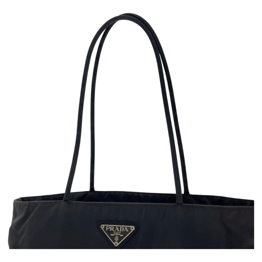 PRADA Tote Bag Nylon Black SilverMetal Tote Bag Shoulder Bag Test Triangle With logo Women Used Authentic