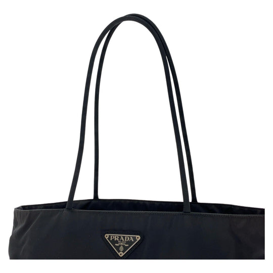 PRADA Tote Bag Nylon Black SilverMetal Tote Bag Shoulder Bag Test Triangle With logo Women Used Authentic