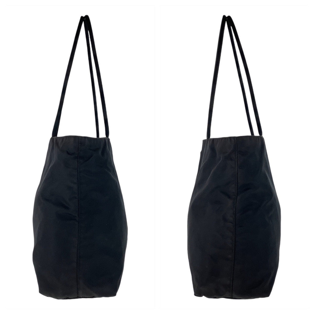 PRADA Tote Bag Nylon Black SilverMetal Tote Bag Shoulder Bag Test Triangle With logo Women Used Authentic