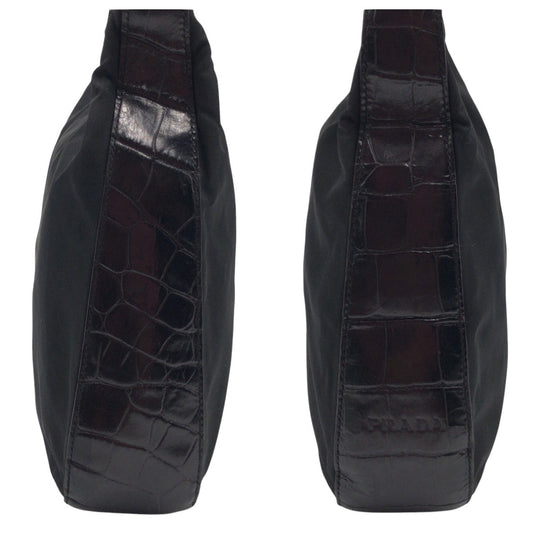 PRADA Shoulder Bag Nylon, Leather Black black Hobo Shoulder Bag Test Embossing Women Used Authentic