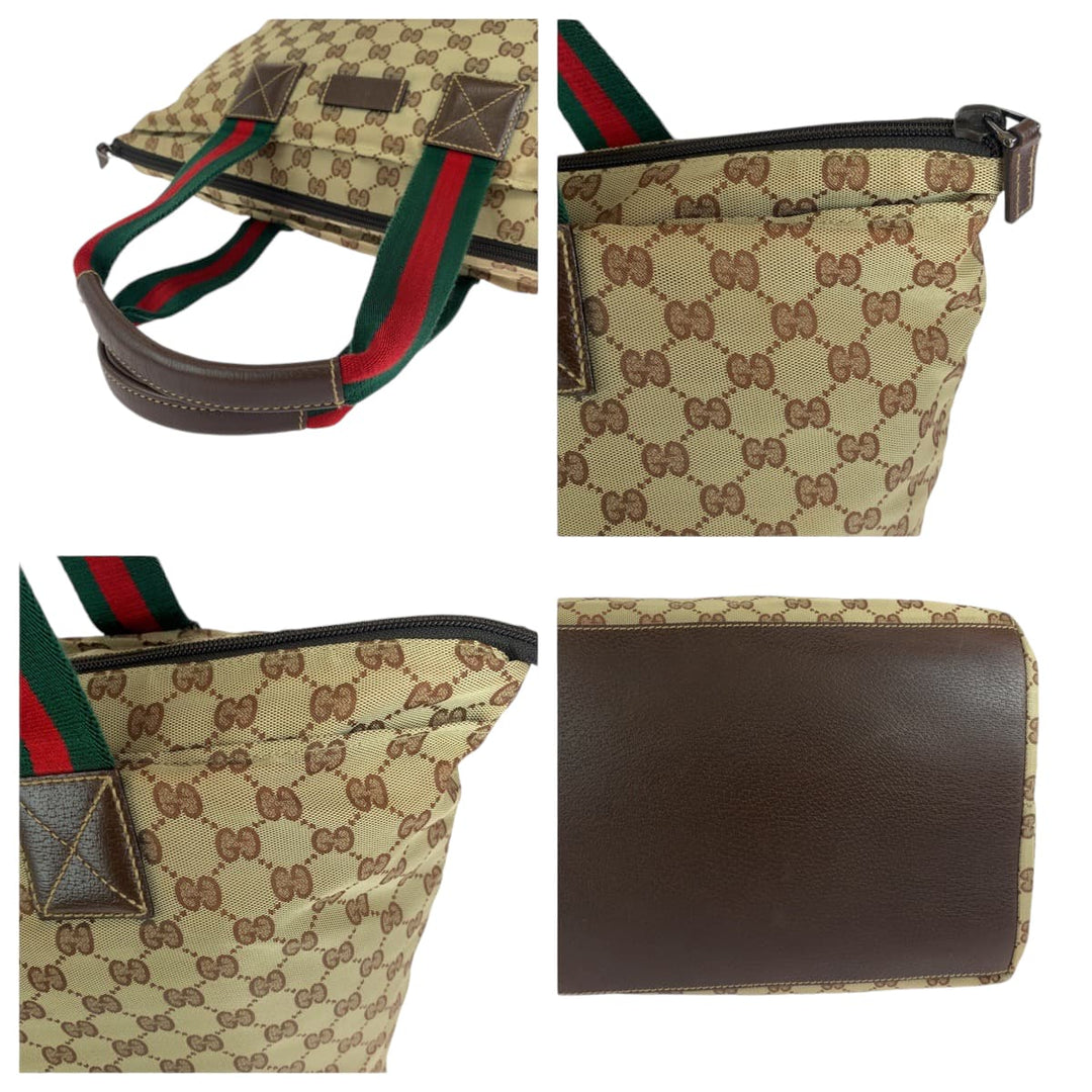 GUCCI Tote Bag 131231 GG canvas Brown Red Green Soft Tote Bag Handbag Shoulder Bag Sherry line Women Used Authentic