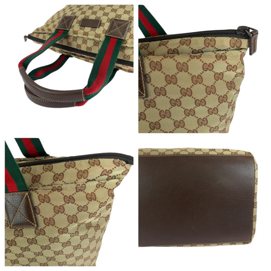 GUCCI Tote Bag 131231 GG canvas Brown Red Green Soft Tote Bag Handbag Shoulder Bag Sherry line Women Used Authentic
