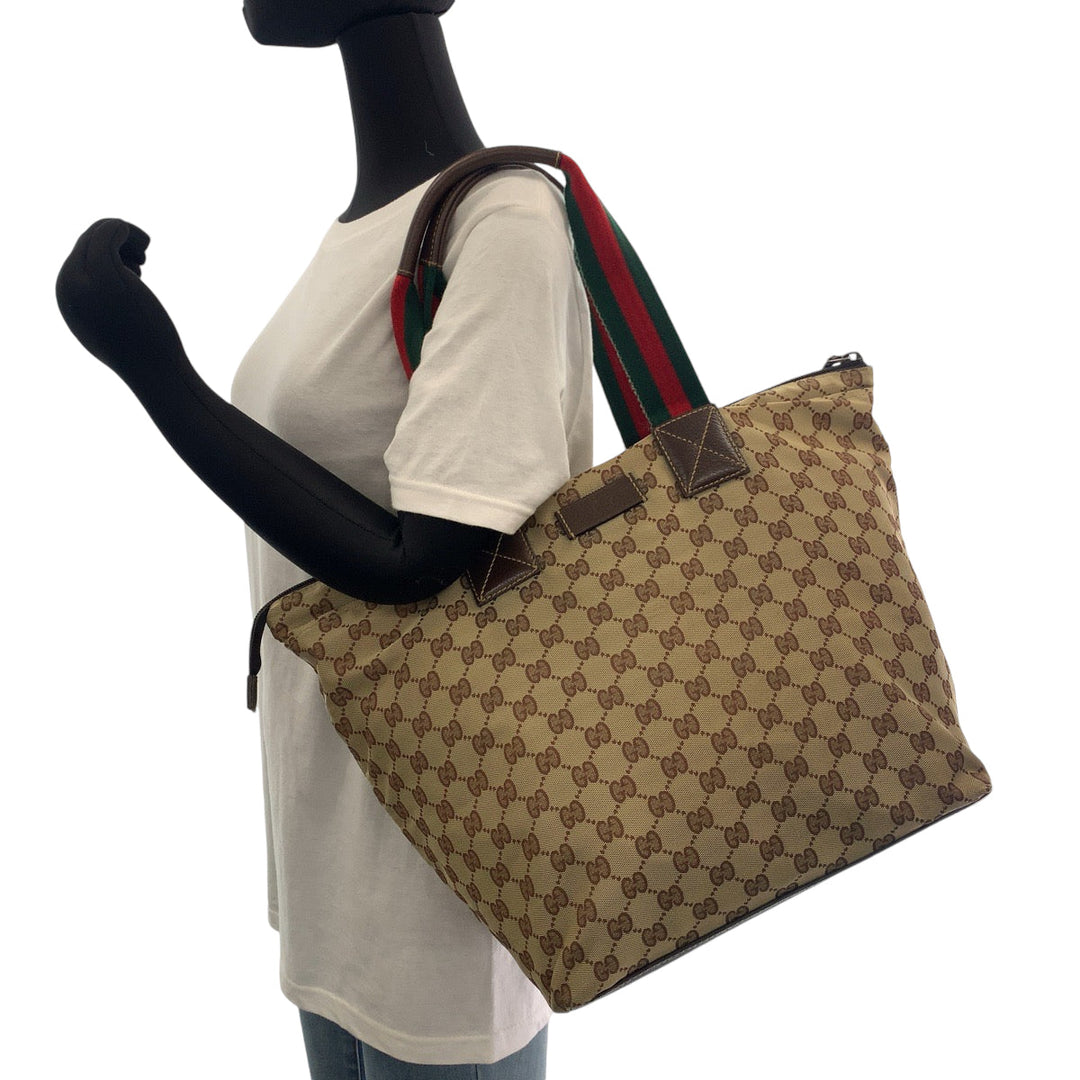 GUCCI Tote Bag 131231 GG canvas Brown Red Green Soft Tote Bag Handbag Shoulder Bag Sherry line Women Used Authentic