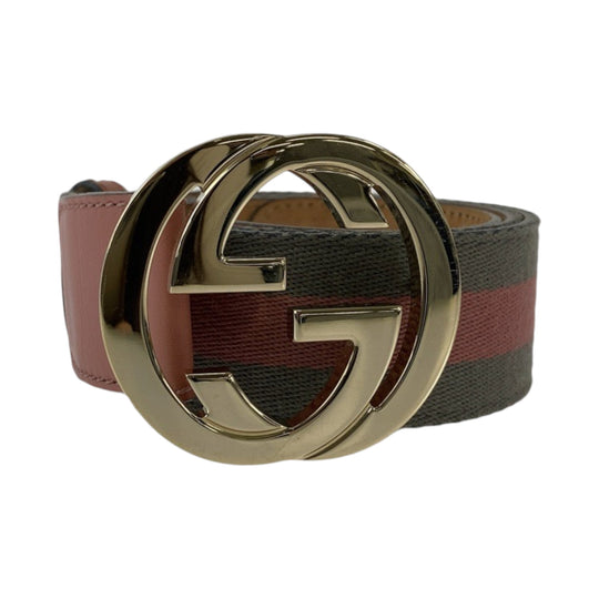 GUCCI belt 114876 canvas Pink Gray SilverMetal belt Interlocking mens 34 Used Authentic
