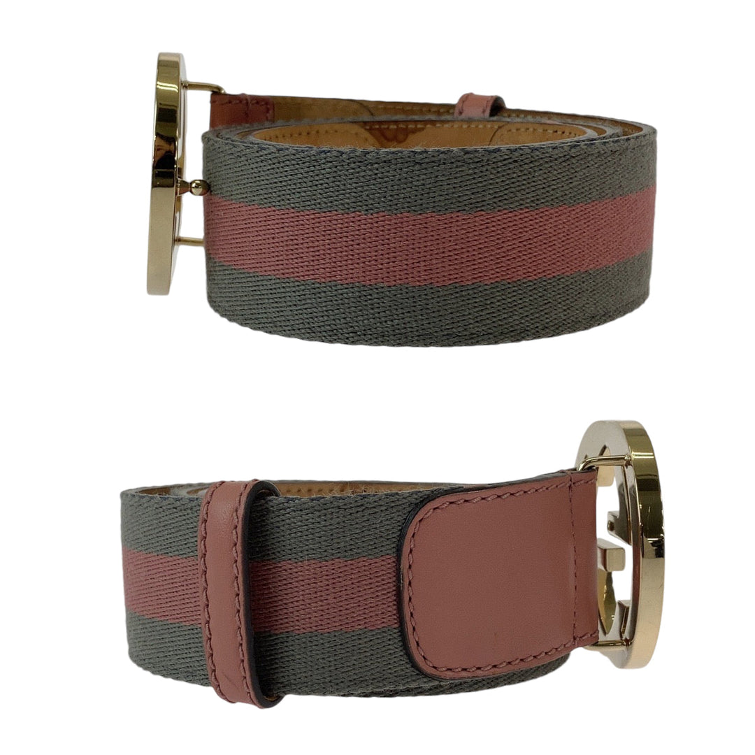 GUCCI belt 114876 canvas Pink Gray SilverMetal belt Interlocking mens 34 Used Authentic