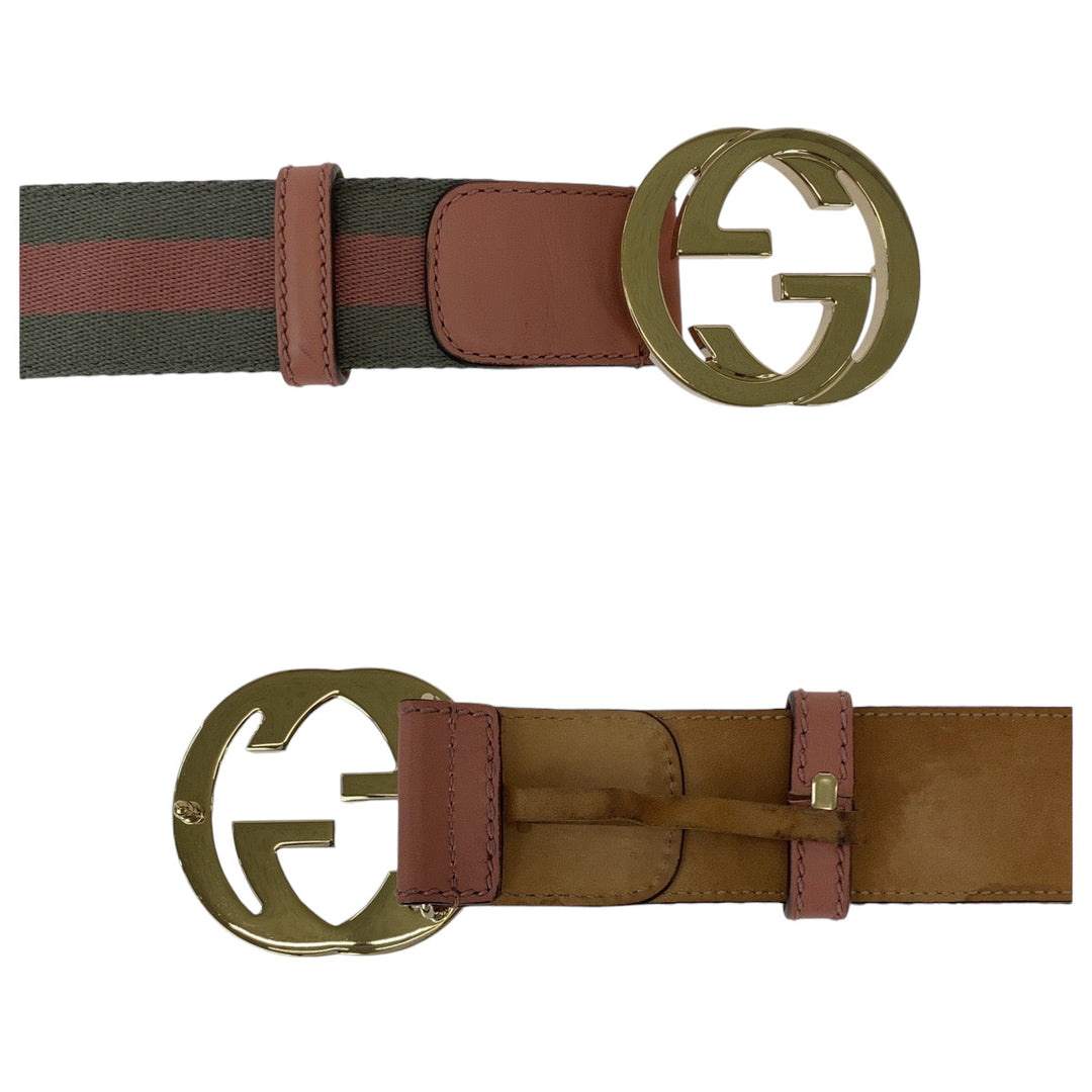 GUCCI belt 114876 canvas Pink Gray SilverMetal belt Interlocking mens 34 Used Authentic