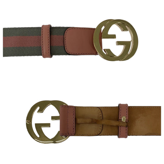 GUCCI belt 114876 canvas Pink Gray SilverMetal belt Interlocking mens 34 Used Authentic