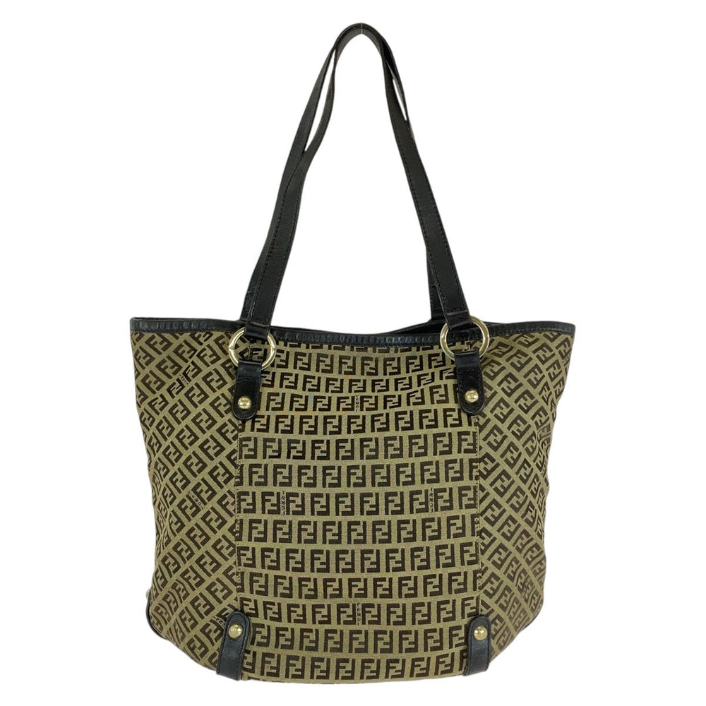 FENDI Tote Bag Canvas, Leather Brown Gold Metal Tote Bag Shoulder Bag Zucchino Women Used Authentic