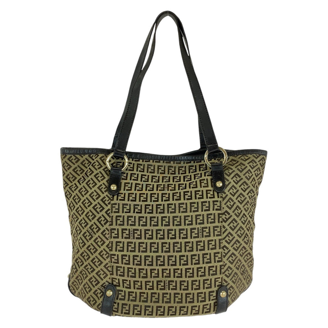 FENDI Tote Bag Canvas, Leather Brown Gold Metal Tote Bag Shoulder Bag Zucchino Women Used Authentic