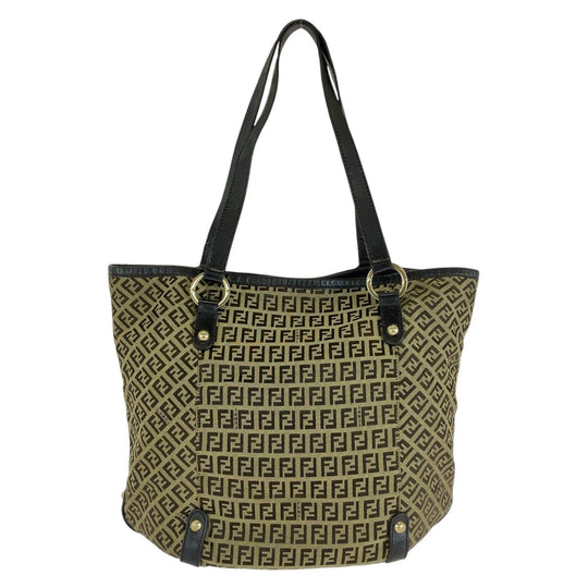 FENDI Tote Bag Canvas, Leather Brown Gold Metal Tote Bag Shoulder Bag Zucchino Women Used Authentic