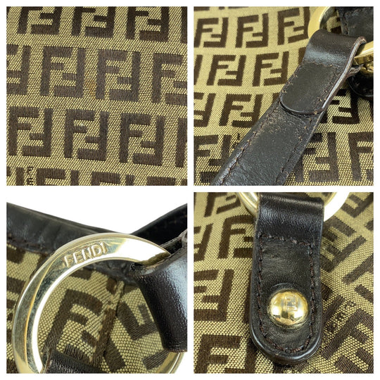 FENDI Tote Bag Canvas, Leather Brown Gold Metal Tote Bag Shoulder Bag Zucchino Women Used Authentic