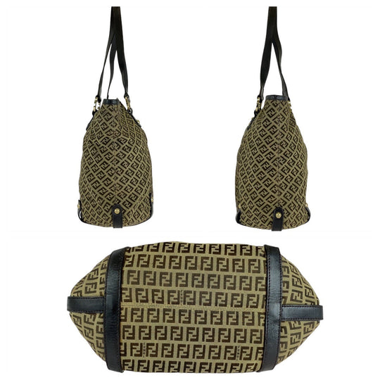 FENDI Tote Bag Canvas, Leather Brown Gold Metal Tote Bag Shoulder Bag Zucchino Women Used Authentic