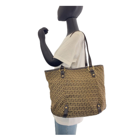 FENDI Tote Bag Canvas, Leather Brown Gold Metal Tote Bag Shoulder Bag Zucchino Women Used Authentic