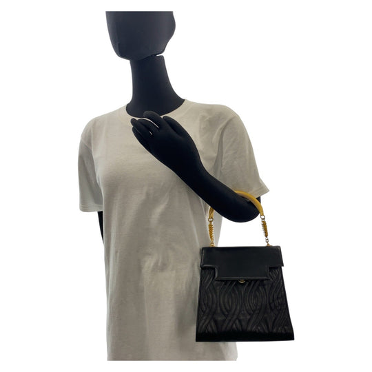FENDI Handbag leather Black GoldMetal Handbag macaroni Women Used Authentic
