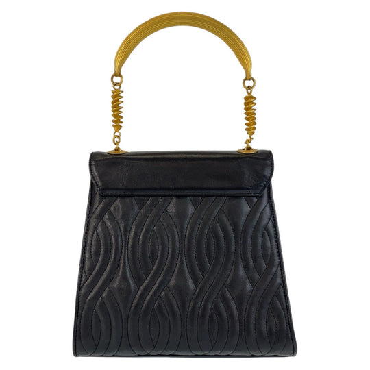 FENDI Handbag leather Black GoldMetal Handbag macaroni Women Used Authentic