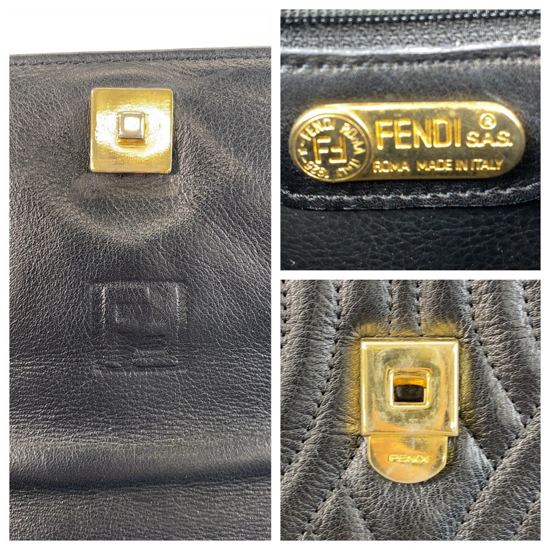 FENDI Handbag leather Black GoldMetal Handbag macaroni Women Used Authentic