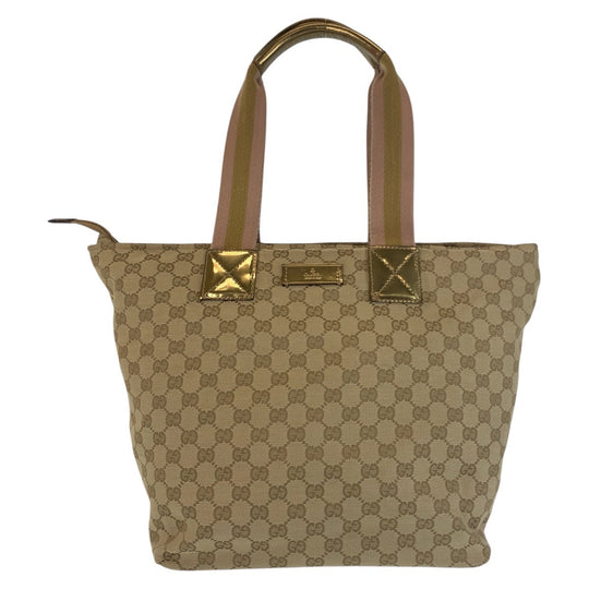 GUCCI Tote Bag 131231 GG canvas Beige Gold GoldMetal Tote Bag Shoulder Bag Women Used Authentic