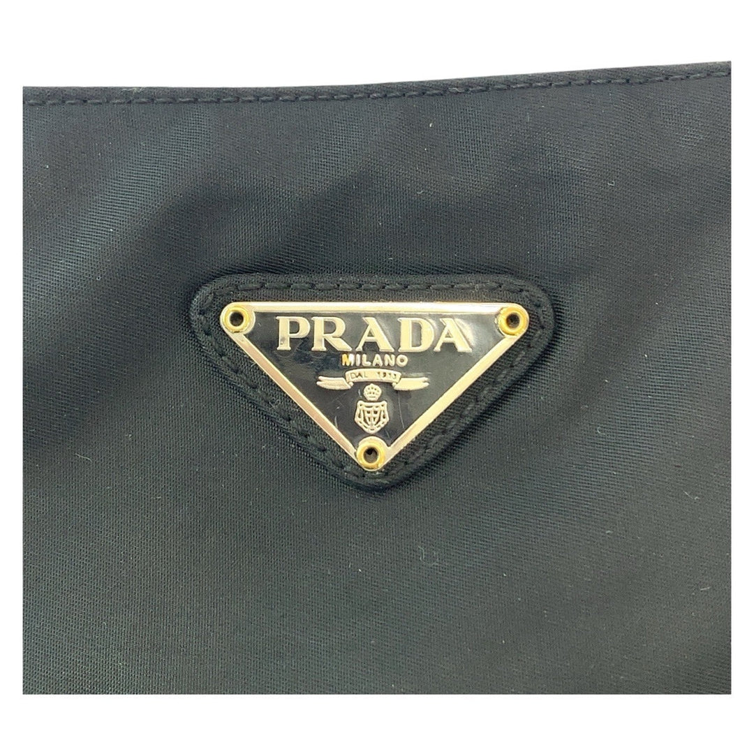 PRADA Tote Bag Nylon Black SilverMetal Tote Bag Shoulder Bag Test Triangle With logo Women Used Authentic