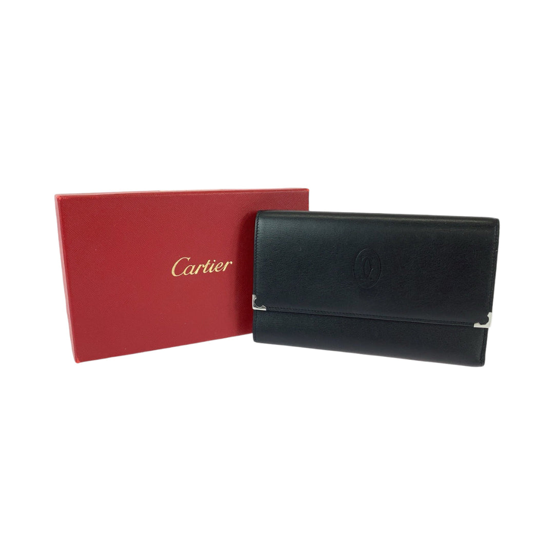 CARTIER Long Wallet Purse Calfskin Black Bordeaux SilverMetal Long Wallet Purse Must Line Cabochon de Cartier mens Used Authentic