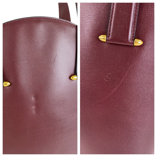 CARTIER Handbag leather Wine Red Bordeaux Gold Metal Handbag Must Line Women Used Authentic