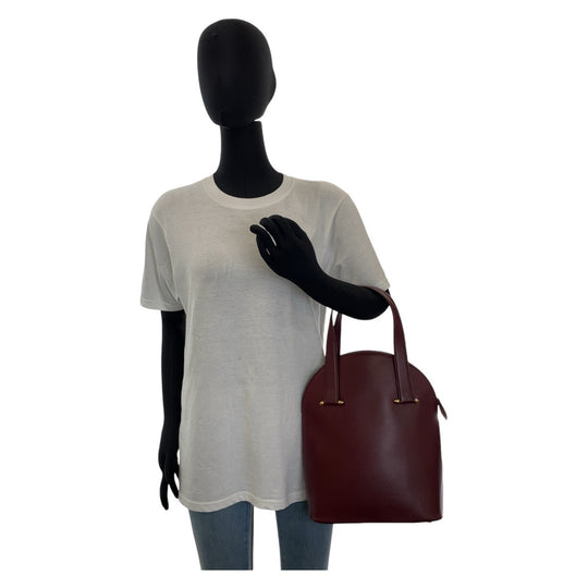 CARTIER Handbag leather Wine Red Bordeaux Gold Metal Handbag Must Line Women Used Authentic