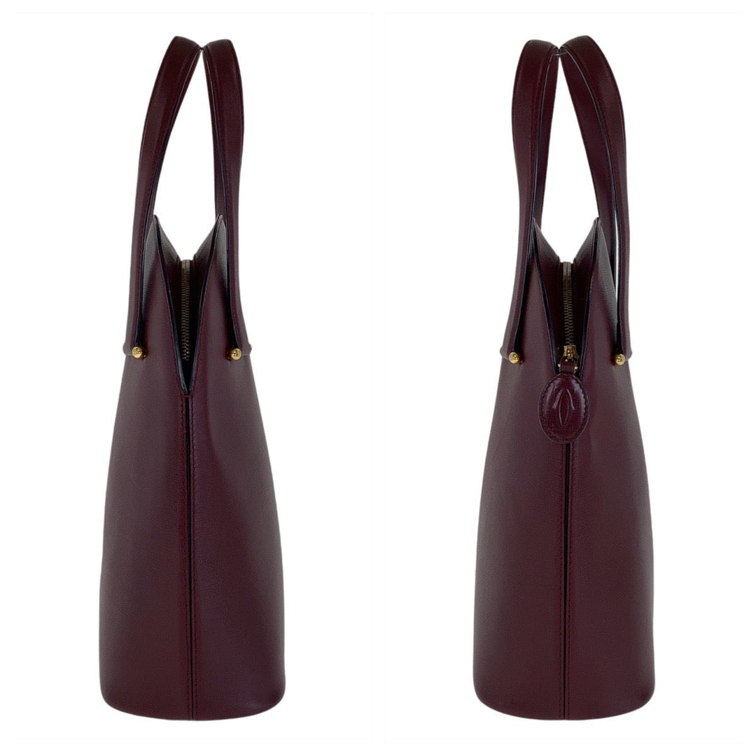 CARTIER Handbag leather Wine Red Bordeaux Gold Metal Handbag Must Line Women Used Authentic