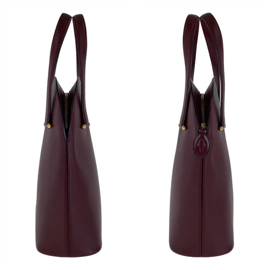 CARTIER Handbag leather Wine Red Bordeaux Gold Metal Handbag Must Line Women Used Authentic