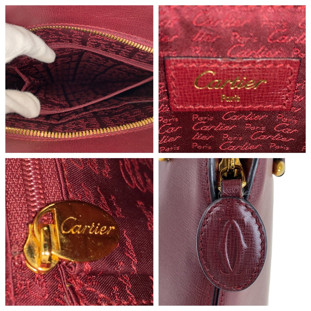 CARTIER Handbag leather Wine Red Bordeaux Gold Metal Handbag Must Line Women Used Authentic
