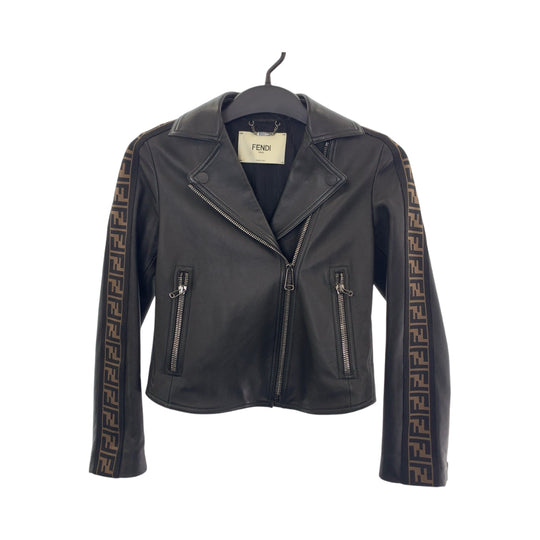 FENDI Riders jacket lambskin Black Brown SilverMetal Riders jacket Zucca Pattern Women Used Authentic